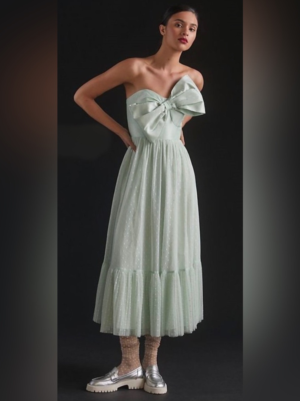 Hutch Tulle Bow-Tie Strapless Midi Dress Mint Green